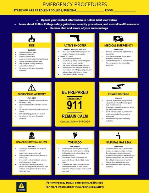 Emergency Procedure posters are an easy quick reference. These are made of durable vinyl print material, and available in the Campus Safety office. Emergency Procedures Poster, Emergency Procedures, Resident Events, Safety Officer, Project Work, Work Family, Emergency Management, Mental Health Resources, Workplace Safety