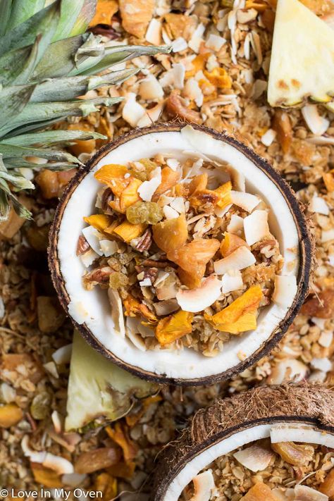 This tropical granola is perfect stirred into yogurt, or eaten on its own as a tasty snack! Filled with all of your favorite tropical fruits, […] The post Tropical Granola appeared first on Love In My Oven. Dried Banana Chips, Almond Granola, Dry Coconut, Healthy Snack Options, Dried Mangoes, Banana Chips, Fruit Breakfast, Easy Snack Recipes, Dried Cherries