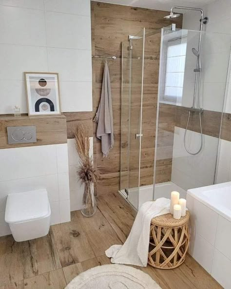 Simple Bathroom Ideas, Wood Tile Shower, Small Basement Bathroom, Bathroom Showers, Bathroom Decor Luxury, Small Bathroom Makeover, Bathroom Design Decor, Bathroom Idea, Boho Bathroom