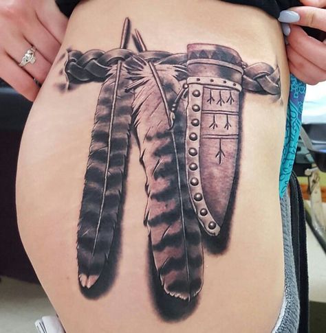 Dagger sheath Feather Hip Tattoos, Day Of Dead Tattoo, Antler Tattoos, Indian Feather Tattoos, Tattoo Nails, Hip Tattoo Designs, Phönix Tattoo, Native Tattoos, Hair Tattoo