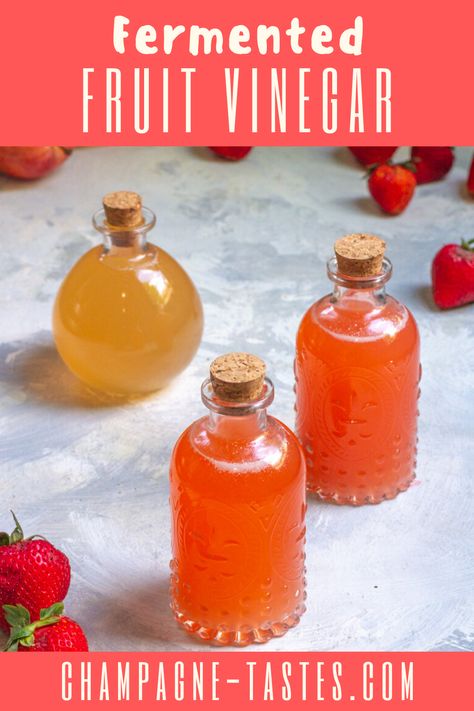 This easy fermented fruit vinegar uses two ingredients: fruit and water. It's the perfect way to use fruit scraps and overripe fruit to make homemade apple cider vinegar, berry vinegar, and more! Fruit Scraps, Homemade Vinegar, Homemade Apple Cider Vinegar, Fermented Fruit, Strawberry Vinegar, Fruit Vinegar, Flavored Vinegars, Infused Vinegars, Emotional Eater