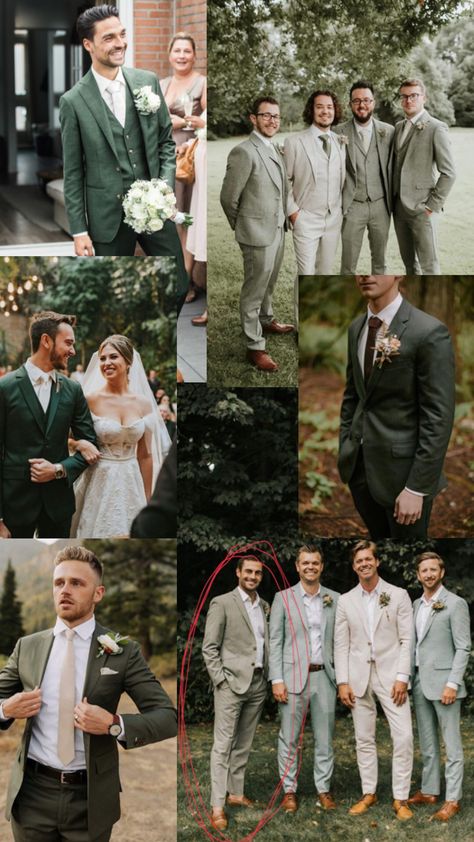 Groomsmen Attire Forest Wedding, Non Traditional Groomsmen Attire, Mismatch Groomsmen, Groomsmen Attire Green, Green Groomsmen Attire, Groom Suspenders Wedding, Tan Groomsmen Suits, Blush Groomsmen, Mismatched Groomsmen