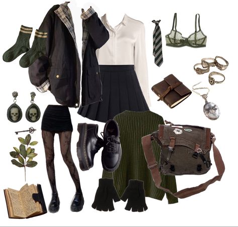 Harry Potter Outfits Slytherin, Dark Green Outfits For Women, Slytherin Outfit Casual, Slytherin Girl Outfit, Whimsy Fashion, Harry Potter Inspired Outfits, Slytherin Inspired Outfits, Dark Green Outfit, Hp Outfits