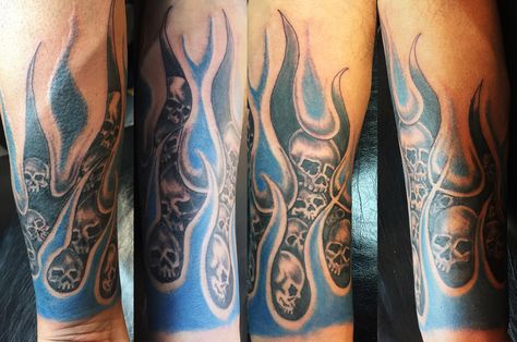 Flames Forearm Tattoo, Blue Flames Tattoo, Flame Sleeve Tattoo, Blue Flame Tattoo, Flames Tattoo, Flame Tattoo, Emo Tattoos, Skull Rose Tattoos, Optical Illusion Tattoo