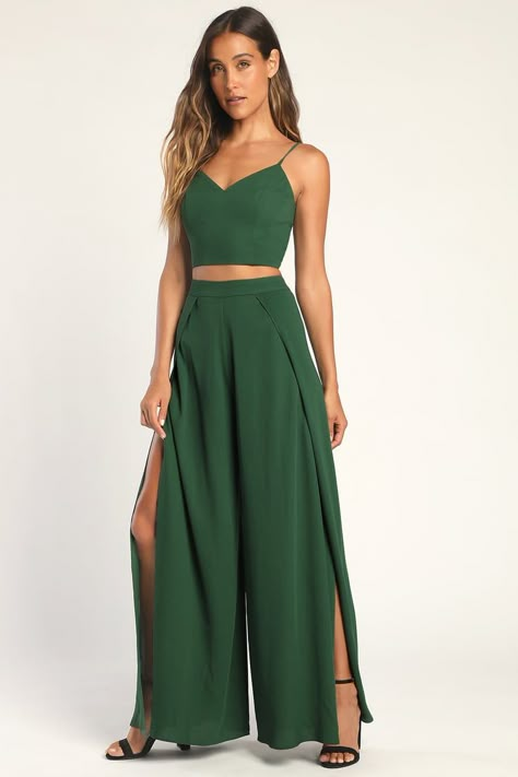 Two Piece Jumpsuit Formal, Dark Green Dress Formal, Green Jumpsuit Outfit, Jumpsuit Outfit Wedding, Emerald Green Jumpsuit, Jumpsuit Lulus, Two Piece Outfits Pants, Jumpsuit Lace, Green Two Piece