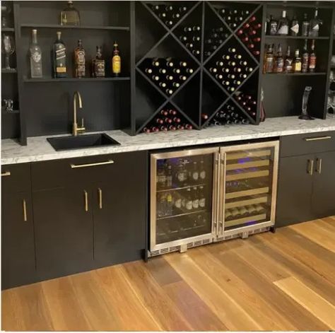 dry bar with bottle rack - Google Search Modern Wet Bar, Beer Refrigerator, Wine And Beer Fridge, Home Bar Rooms, Beer Fridge, Beverage Fridge, Beverage Refrigerator, Built In Bar, Home Coffee Bar