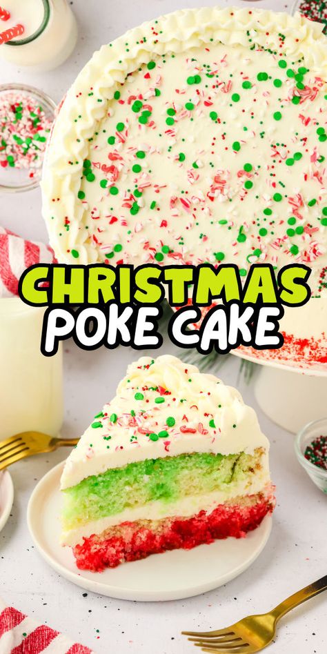 Christmas themed poke cake recipe Christmas Poke Cake, Eggnog Poke Cake, Jello Cake Recipes, Jello Poke Cake, Poke Cake Jello, Green And Red Christmas, Layered Jello, Gingerbread Cheesecake, Moist Vanilla Cake