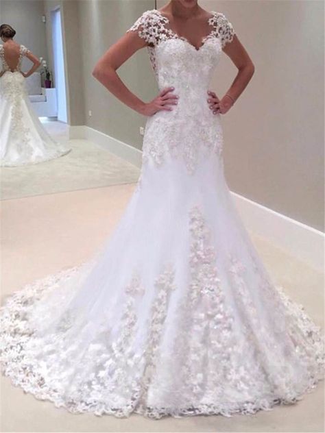 V-Neck Short Sleeves Appliques Mermaid Wedding Dress A Line Princess Wedding Dresses, Chantilly Lace Wedding Dress, Wedding Dress Necklace, Column Wedding Dress, Sweep Train Wedding Dress, Court Train Wedding Dress, Open Back Wedding, Open Back Wedding Dress, Back Wedding Dress