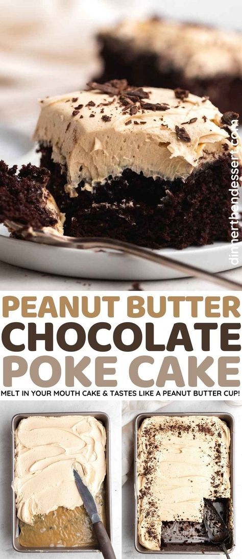 Easy Peanut Butter Frosting, Peanut Butter Poke Cake, Peanut Butter Icing, Chocolate Poke Cake, Chocolate Peanut Butter Cake, Poke Cake Recipes, Peanut Butter Cake, Peanut Butter Frosting, Peanut Butter Desserts