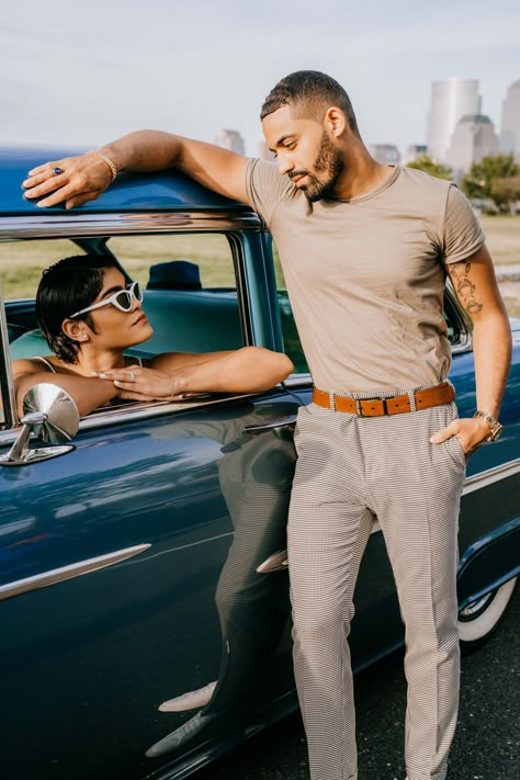 Couple Photos With Car, Couples Photoshoot Car, Car Engagement Photos Couple, Couple Poses With Car, Old Fashioned Engagement Photos, Couple Car Photos, Old School Engagement Photos, Prom Poses With Car, Car Photoshoot Couple