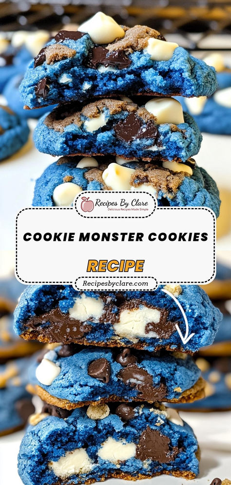 Treat yourself to these Cookie Monster Cookies loaded with chocolate chips and blue candy-coated chocolates. Soft, chewy, and colorful—perfect for any celebration!

Ingredients:

1 cup granulated sugar
2 tsp vanilla extract
1 tsp baking soda
½ cup blue candy-coated chocolate pieces
These cookies deliver a delightful combination of chocolatey sweetness and vibrant colors in every bite! Cookie Monster Fudge Recipes, Cookie Monster Stuffed Cookies, Cookie Monster Cookie Recipe, Blue Cookie Monster Cookies, Cookie Monster Theme Party, Cookie Monster Aesthetic, Cookie Monster Cookies Recipe, Blue Monster Cookies, Blue Christmas Cookies