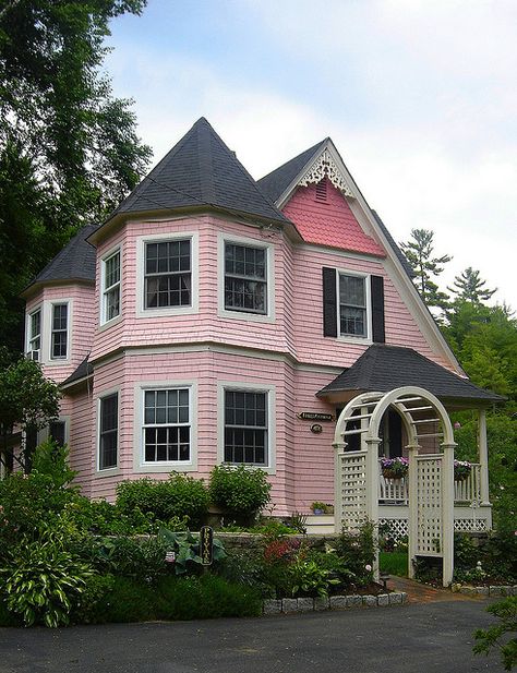 Pink House....someone please take me away and let me live here!!! pretty please! Pink Architecture, House Victorian, Fall Cottage, Pink Victorian, Pink Cottage, Pink Stuff, Plain Jane, Painted Ladies, Pink House