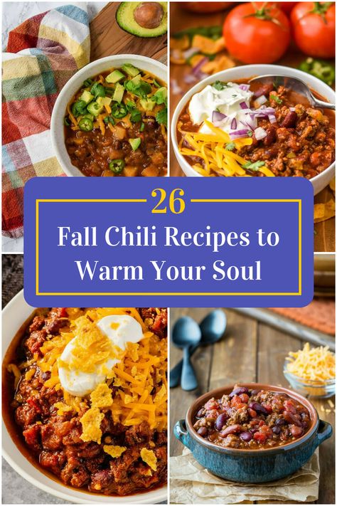 Collage of 4 fall chili recipes. Pumpkin Spice Chili Recipe, Fall Chilli Recipes, Thanksgiving Chili, Fall Chilli, Autumn Chili, Fall Chili Recipes, Unique Chili Recipe, Types Of Chili, Unique Chili Recipes