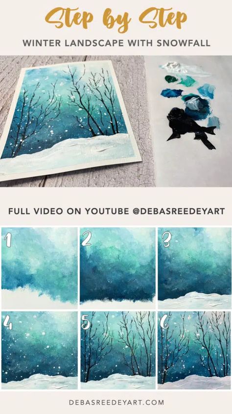 Paint an easy winter painting with snowfall - Debasree Dey Art Snowy House Drawing, Winter Paint Night Ideas Easy, Xmas Acrylic Paintings, Winter Forest Painting Easy, How To Paint A Winter Scene, Christmas Art Acrylic, Christmas Art Tutorials, Easy Acrylic Winter Paintings, Snow Painting Easy