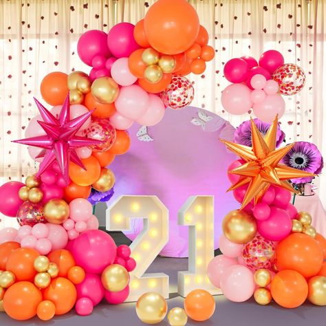 Amazon.com: Pink Orange Balloon Garland Arch Kit, 146pcs Hot Pink Orange Metallic Gold Latex Balloons with Hot Pink and Orange Exploding Star Foil Balloons for Birthday Summer Tropical Wedding Party Decorations : Toys & Games Tropical Wedding Party, Orange Balloon Garland, Exploding Star, Pink Birthday Decorations, Sweet 16 Party Decorations, Birthday 21, Pink Party Theme, Iridescent Party, Balloons For Birthday