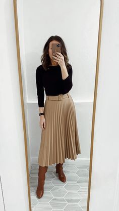 Fall Skirts Amazon, Long Skirt Outfits Office, Women Long Skirt Outfits, Monochrome Skirt Outfit, Long Skirt Tall Boots Outfit, Tall Skirt Outfit, Modest Skirts Outfits, Pleated Long Skirt Outfit Classy, Skirt Long Outfits