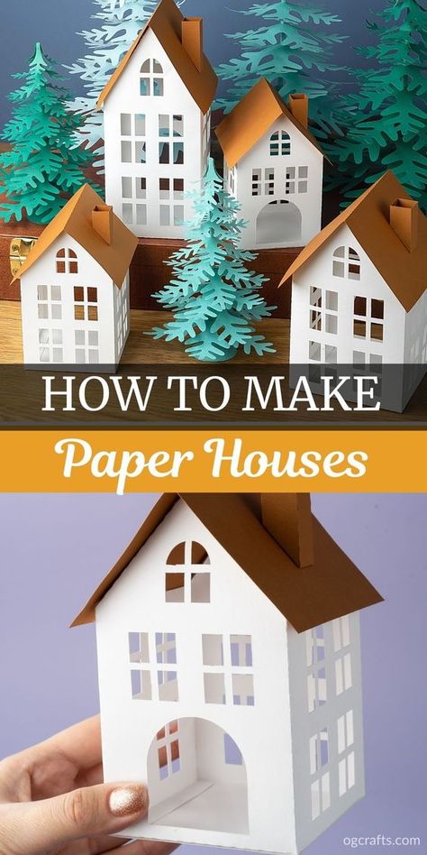 Cricut Paper Christmas Houses, How To Make Cardboard Houses Christmas Villages, House With Paper Craft, 3d Paper Houses Cricut, Putz Houses Templates Cricut, How To Make Christmas Village Houses, Paper Houses Diy How To Make, Christmas Houses Diy Craft Ideas, Christmas Village Houses Template