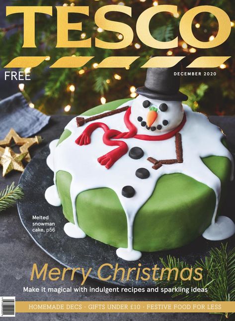 Christmas Magazine Cover, Tesco Recipes, Xmas Foods, Tesco Christmas, Blue Icing, Snowman Cake, Easy Party Food, Animal Cakes, Apricot Jam