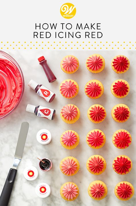 Do you struggle with making bright red buttercream frosting? You’re not alone! Learning how to make red frosting that’s actually red and not pinkish red can be a challenge, but we’re up for the task! We've figured out just how much   food coloring, Color Right base colors or jar icing colors, is needed to achieve your desired shade of red! #wiltoncakes #blog #blogpost #blogger #buttercreamfrosting #howto #redicing #redbuttercream #icingcolors #homemade #guide #beginner #cakedecorating Mixing Frosting Colors, How To Color Icing, How To Get Red Buttercream Icing, How To Make Red Food Coloring, How To Make Red Buttercream, How To Make Dark Red Frosting, Red Icing Cupcakes, How To Make Red Buttercream Frosting, How To Color Buttercream Frosting