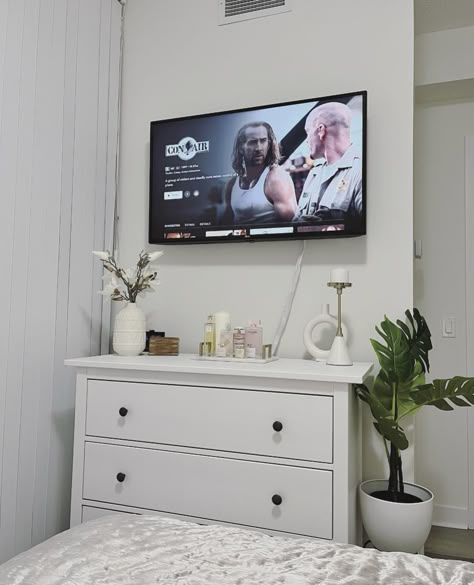 Bedroom Tv Aesthetic, Tv Stand Ideas Bedroom, Room With Tv Bedrooms, Tv In Room Bedroom, Tv On Dresser In Bedroom, Tv Stand Decor Bedroom, Tv Set Up Bedroom, Tv Bedroom Ideas, Tv In Bedroom Ideas