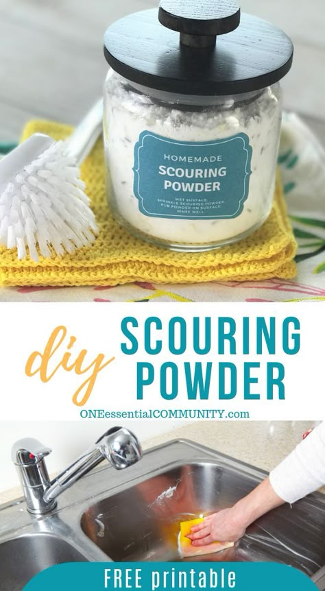 homemade scouring powder cleaner recipe made with essential oils, great cleaning for sinks, tubs, showers, toilets and more Scouring Powder, Cleaning The Kitchen, Clean Baking Pans, Deep Cleaning Hacks, Homemade Cleaning Supplies, Natural Cleaning Recipes, Diy Cleaning Products Recipes, Cleaner Recipes, Deep Cleaning Tips