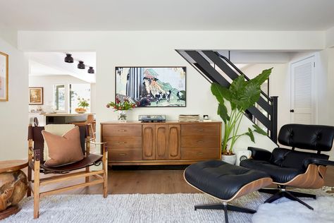 Black leather Eames Lounge Chair and Ottoman Black Eames Chair Living Room, Eames Chair Living Room, Lounge Chair And Ottoman, Chair Living Room, Living Room Styles, Room Styles, Mill Valley, Chic Living Room, Chic Living