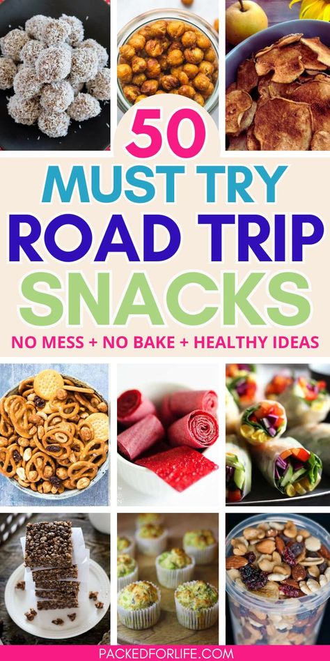 Nine road trip snacks; roasted chickpeas, fruit leather, snack mix, egg muffins, trail mix, protein balls, spring rolls, dried pears. Healthy Snacks For Traveling In The Car, Roadtrip Snacks For Adults, Homemade Road Trip Snacks, Ski Snacks, Travel Snacks Roadtrip, Healthy Car Snacks, Car Ride Snacks, Car Trip Snacks, Easy Road Trip Snacks