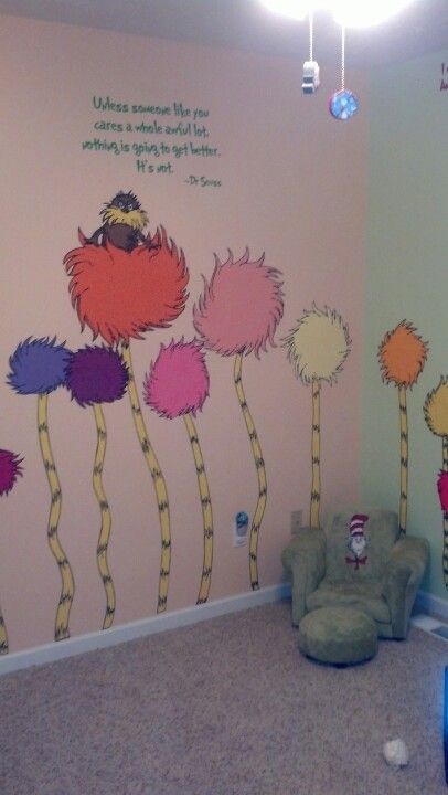 Dr. Seuss, The Lorax-- possible reading center? Lorax Trees, Nursery Murals, Dr Seuss Nursery, Dr Seuss Classroom, Fayetteville North Carolina, Seuss Classroom, Painted Wallpaper, Baby Nursery Art, Nursery Art Decor