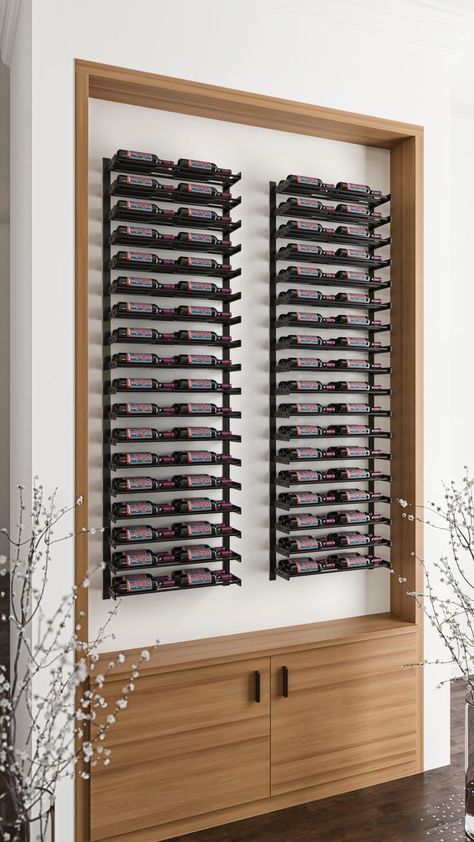 Wine Wall Display, Wine Cellar Cooling Unit, Wine Storage Wall, Modern Wine Storage, Mounted Wine Rack, Wine Bottle Wall, Industrial Chic Design, Wine Closet, Home Wine Cellars