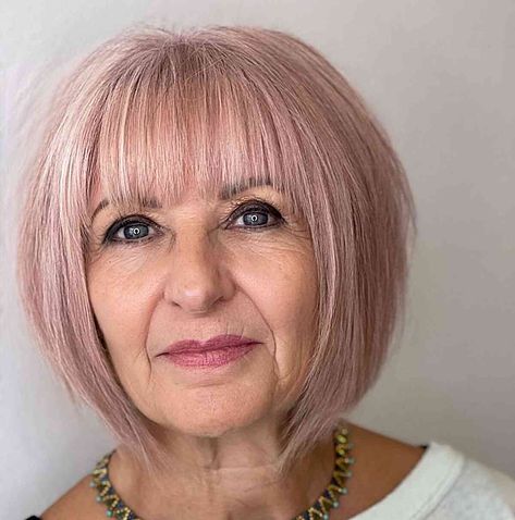 Pink Short Bob Hair, 2023 Short Hair Color, Pink Hair Over 50, Bixie Colour Hair Colors 2023, Light Pink Hair Color Ideas, Baby Pink Hair Color, Pink Hair 2023, Grey Hair With Pink Highlights, Pink Bob Hair