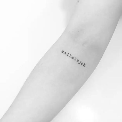 hallelujah tattoo on arm Hard Fought Hallelujah Tattoo, Hallelujah Tattoo, Worship Tattoo, Christian Tattoos For Men, Typewriter Tattoo, Tattoos For Men And Women, Tattoo On Arm, Christian Tattoo, Elbow Tattoos