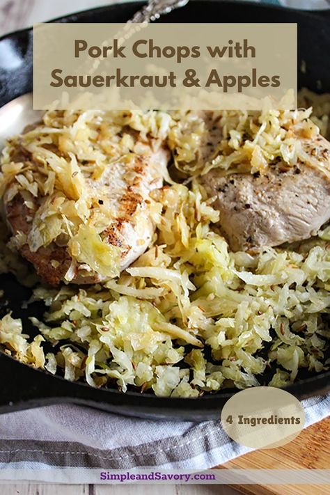 Pork chops and sauerkraut with apples makes an excellent weeknight dinner. Savory and sweet pork chops mingle with tart kraut and crisp apples for a satisfying dinner Pork Chops Sauerkraut, Pork Chops With Sauerkraut, Sauerkraut And Apples, Pork Chops And Sauerkraut, Homemade Sauerkraut, Easy Family Dinner, Sweet Pork, Sauerkraut Recipes, Boneless Pork Chops