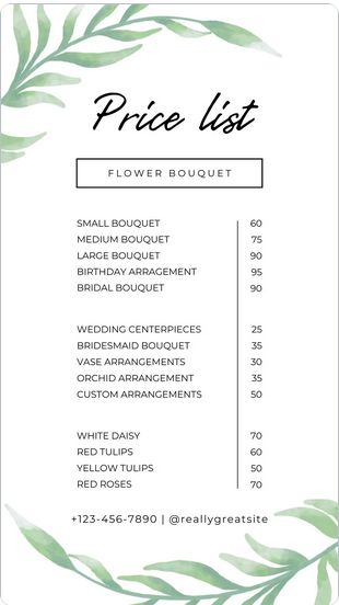 White Green Leaf Watercolor Florist Price List Canva Template Florist Price List, Eternal Roses Price List, Wedding Spreadsheet Templates, Flower Price List, Florist Business Plan, Price List Template Design, Green Leaf Watercolor, Florist Aesthetic, Wedding Spreadsheet