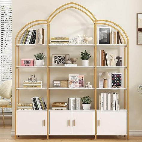 Amazon.com: Semoic Arched Bookshelves and Bookcases: Triple Wide 5-Tier Large Open Bookshelf, Etagere Bookcase with Display Shelf for Home Office, White and Gold : Home & Kitchen Arched Bookshelves, Gold Bookshelf, Open Bookshelf, Home Office White, Open Display Shelf, Open Bookshelves, Corner Bookshelves, Furniture Bookshelves, Etagere Bookcase