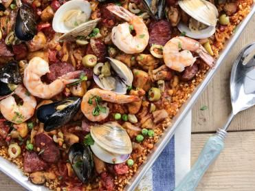 Valerie's Super Easy Oven Paella Recipe | Valerie Bertinelli | Food Network Chorizo Mussels, Easy Paella Recipe, Rice In The Oven, Easy Paella, Seafood Paella, Paella Recipe, Valerie Bertinelli, Rice Dish, Easy Oven