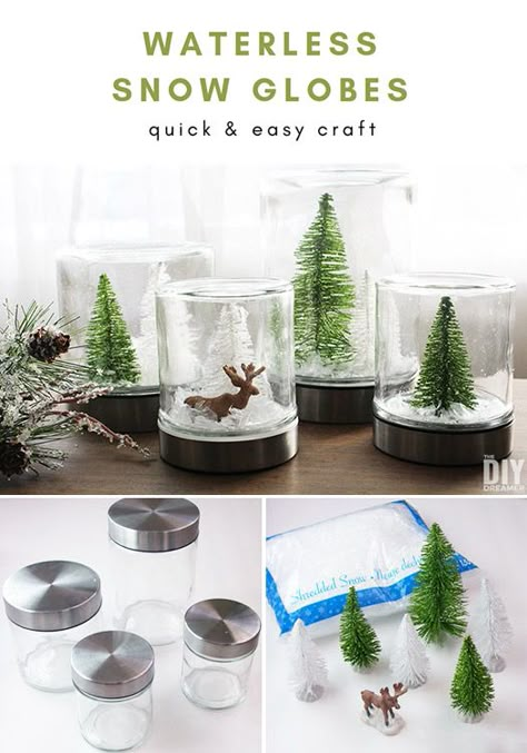 DIY Waterless Snow Globes. A fun tutorial on how to make snow globes without water. Quick and easy craft. #snowglobe #diysnowglobes #waterlesssnowglobe Make Snow Globes, Christmas Craft Easy, Waterless Snow Globe Diy, Waterless Snow Globe, Christmas Craft Diy, Globe Diy, Make Snow, Easy Christmas Craft, Diy Snow Globe