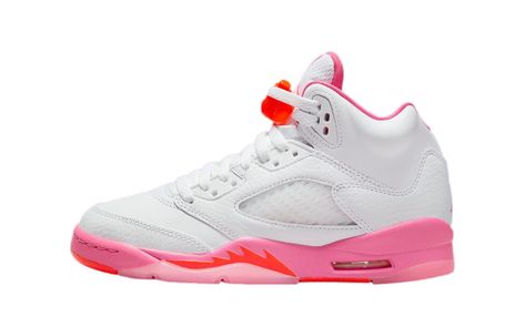 PRICES MAY VARY. 100% Authentic Grade School Jordan 5 Retro White/Pinksicle-Safety Orange Jordan Boys, Jordan Shoes Retro, Buy Jordans, Jordan 5 Retro, Air Jordan 5 Retro, Lucky Green, Cute Nike Shoes, Air Jordan 5, Cute Nikes