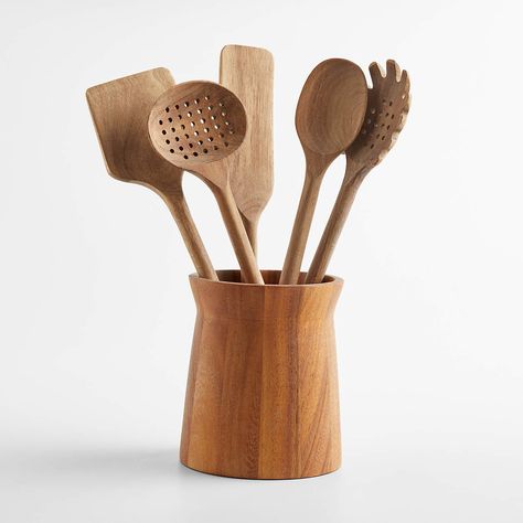 Crate & Barrel Acacia Utensils with Holder, Set of 6 + Reviews | Crate & Barrel Best Kitchen Utensil Set, Wood Utensil Holder, Wood Cooking Utensils, Pasta Spoon, Wipe Holder, Cooking Challenge, Wood Utensils, Slotted Spoon, Slotted Spoons