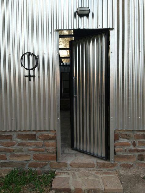 Galvanized Iron Sheet House, Corrugated Iron Sheet House Designs, Iron Sheet House Ideas, Corrugated Metal Door, Corrugated Iron House, Outdoor Restaurant Ideas, Metal Entry Doors, Exterior Bathroom, Corrugated Metal Wall