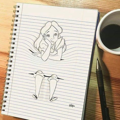 Drawings On Lined Paper, Drawing Ideas Creative, Interesting Drawings, Notebook Drawing, Illusion Drawings, 3d Art Drawing, Disney Art Drawings, Art Drawings Sketches Creative, Pencil Art Drawings