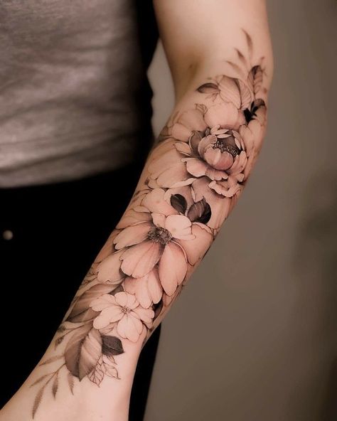 Divine Tattoo, Feminine Shoulder Tattoos, Shoulder Sleeve Tattoos, Feminine Divine, Feminine Tattoo Sleeves, Tasteful Tattoos, Floral Tattoo Sleeve, Forearm Tattoo Women, Delicate Feminine