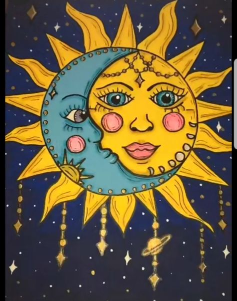 Moon And Sun Painting, Chalk Wall Art, Moon Stars Art, Sun Painting, Painting Canvases, Cute Canvas Paintings, Moon Painting, Celestial Art, Cute Canvas