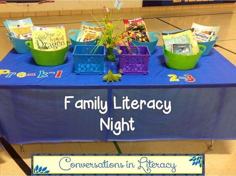 We celebrated Family Literacy Night last week. It was a lot of fun! Parents, grandparents, students, little brothers and sisters attended and participated in the activities. This was our table to w Reading Night Activities, Family Literacy Night Activities, Literacy Night Activities, Family Literacy Night, Family Library, Curriculum Night, Math Night, Family Involvement, Parent Night