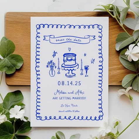 Hand Drawn French Blue Wedding Save The Dates for Your Special Day! Artsy Save The Date, Save The Date Blue, Cobalt Blue Wedding, Cobalt Blue Weddings, French Blue Wedding, Sweet Rain, Nye Wedding, Hand Drawn Wedding, Save The Date Designs