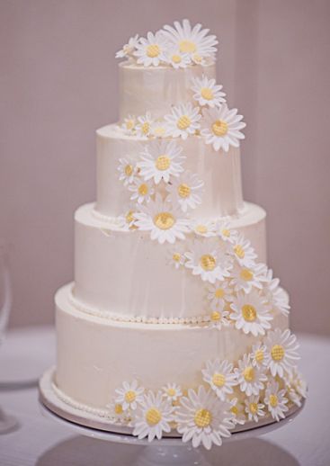 White Cake With Daisy Flowers, White Cake With Daisies, 3 Teir Wedding Cake, Wedding Cake Daisies, Daisy Wedding Theme, Upsy Daisy Cake, Daisy Wedding Cakes, Golden Wedding Anniversary Cake, Apricot Wedding