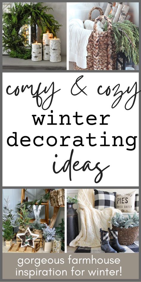 Need help going from Christmas home decor to winter decor! You're in the right place! In this post you'll see lost of creative ways to get that cozy vibe from your winter decor - & it's very easy to transition from what you have up already for Christmas! Keep reading to get some pro-tips & discover some common elements in the coziest winter decor out there - in rustic farmhouse style! Cheap, easy, & cozy decorating ideas for after Christmas, with some fun DIYs! Decorating After Christmas, After Christmas Winter Decor, Cozy Rustic Farmhouse, Winter Decor Ideas For The Home, After Christmas Decor, Winter Decorating Ideas, Decor After Christmas, January Decor, Farmhouse Winter Decor