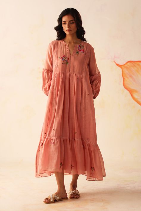 Shop for these amazing collections of Peach Dress Chanderi Hand Embroidered Floral Chinaar With Slip For Women by Begum Pret online at Aza Fashions. Peach Floral Dress, Chanderi Dress, Long Gown Design, Casual Frocks, Simple Frocks, Frock For Women, Kurta Dress, Peach Dress, Floral Embroidered Dress