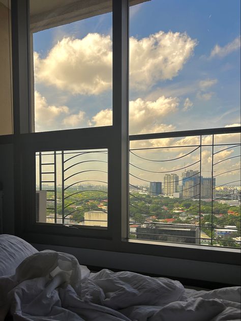 beautiful view, hotel view, studio ghibili, patio, window room, window bedroom, condo, manila, city view, studio ghibili aesthetic, warm tones, anime aesthetic, inspiration Condominium Aesthetic, Window Bedroom Aesthetic, Hotel Window View, Aesthetic Condo, Home Balcony Design, Condo Philippines, Window View City, Window View Aesthetic, Cement Home Decor