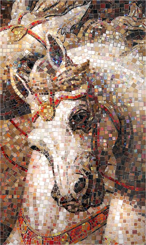 Mosaic Farm Scenes, River Mosaic, Mountain Mosaic Art, Mosaic Tile Mural, Mosiac Art Horse, Mosaic Tile Art Animal, Iridescent Glass Tiles, Iridescent Tile, Roman Mosaic