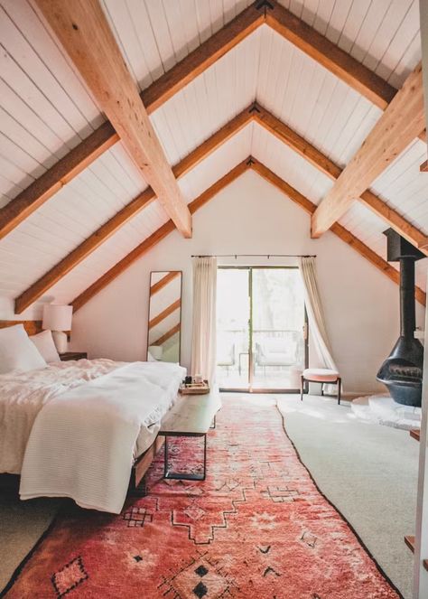 Photo 2 of 15 in Kitchy Kitchen Founder Claire Thomas Takes Us Inside Her Retro Mountain Getaway - Dwell Mid Century Cabin, Claire Thomas, Parachute Home, Vintage Fireplace, Soft Mattress, Bedroom Fireplace, Mountain Getaway, Getaway Cabins, Open Living Room